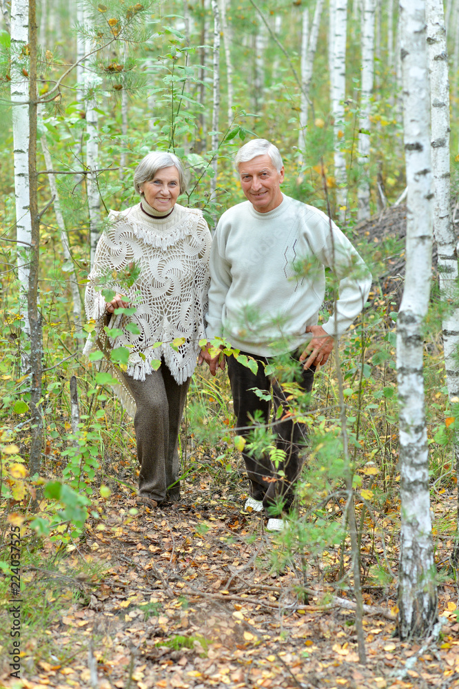 Elderly couple at table in autumn forest Elderly couple at table in autumn forest