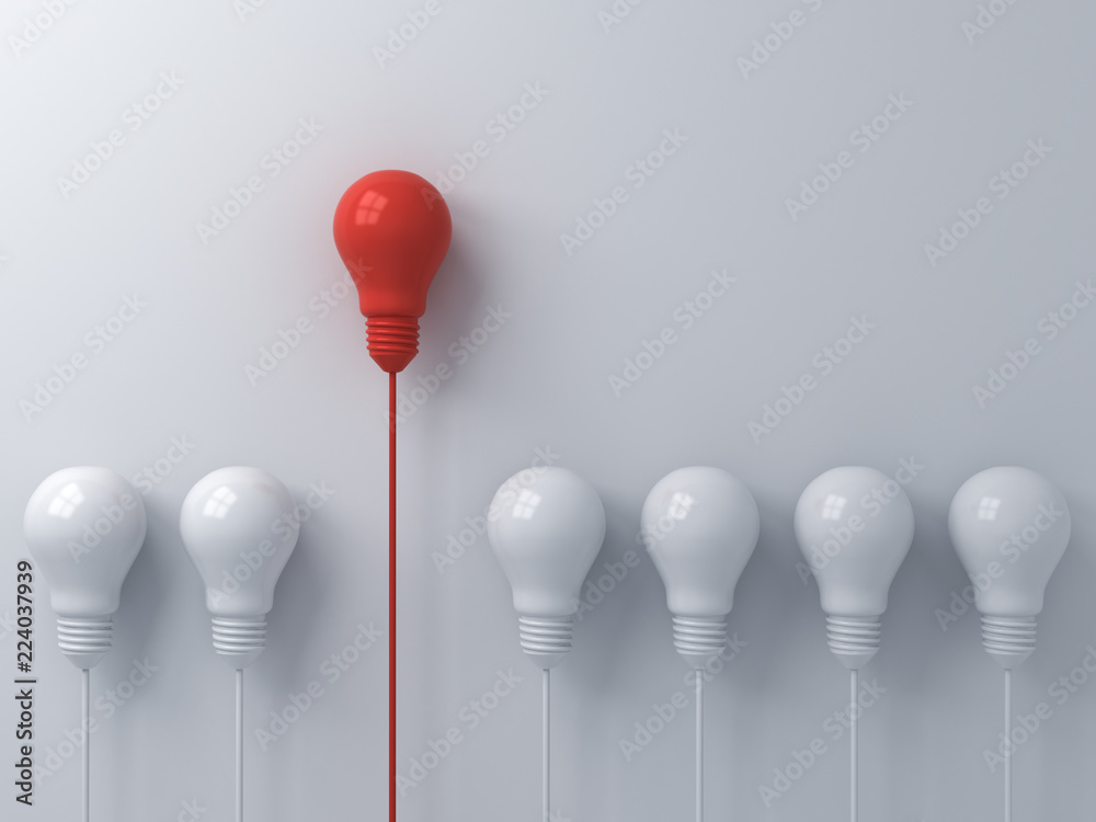 Think different concept One red light bulb standing out from the dim white light bulbs on white wall background with shadows leadership and individuality creative idea concepts 3D rendering - obrazy, fototapety, plakaty 