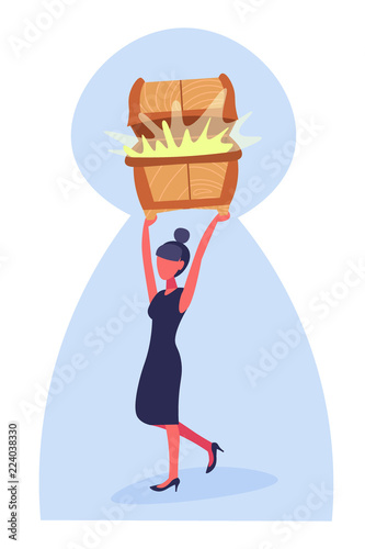 businesswoman holding treasure dower chest full golden money growth wealth concept keyhole background business woman successful strategy cartoon character flat full length vertical vector illustration