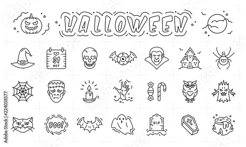 Halloween icon set. Vector isolated linear Halloween symbols, Vector illustration