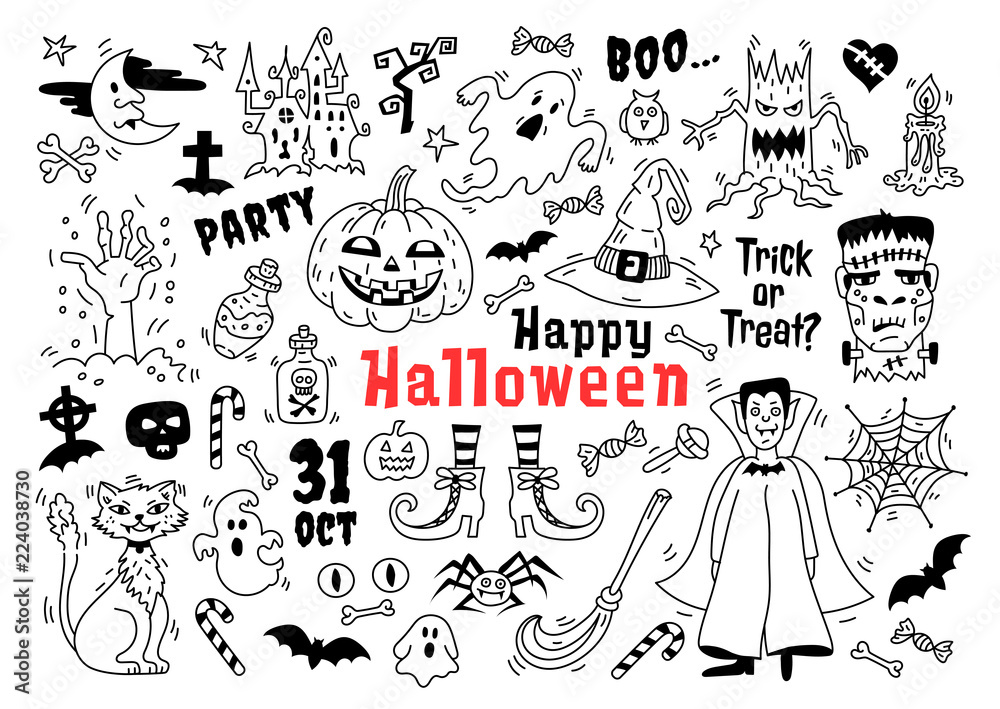 Halloween doodle icon set Sketch of icons for decorating Halloween