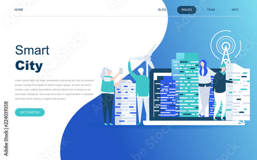 Modern flat design concept of Smart City for website and mobile website development. Landing page template. Business center with skyscrapers, streets of the city connected roads. Vector illustration.