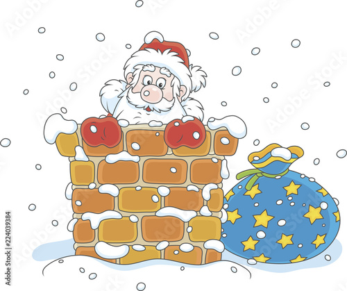 The night before Christmas, Santa Claus looking out of a chimney on a snow-covered roof