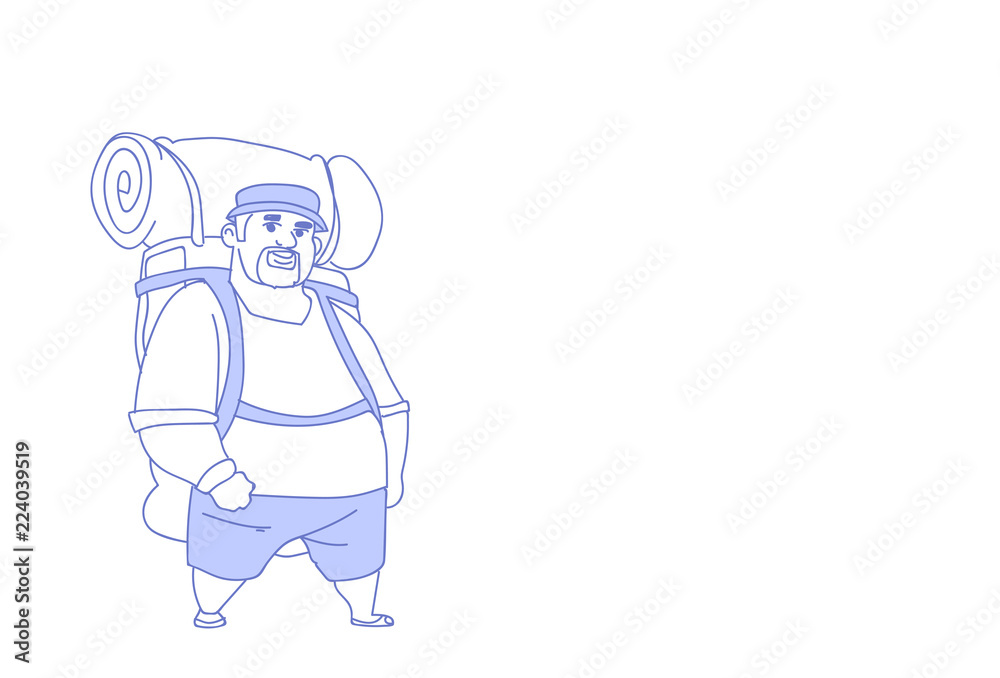overweight traveler man backpacker outdoor hiking male tourist summer vacation trip sketch doodle horizontal vector illustration overweight traveler man backpacker outdoor hiking male tourist summer vacation trip sketch doodle horizontal vector illustration