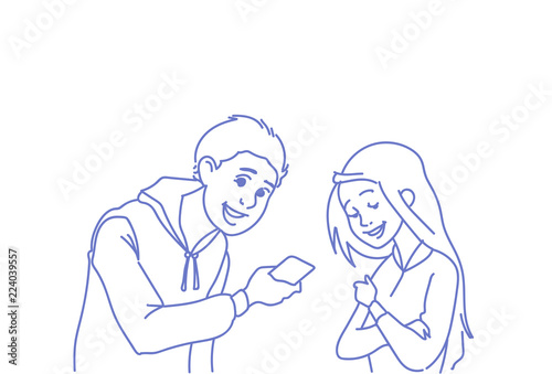 casual couple using smartphone online people communication concept mobile application man woman conversation doodle sketch horizontal male female portrait vector illustration