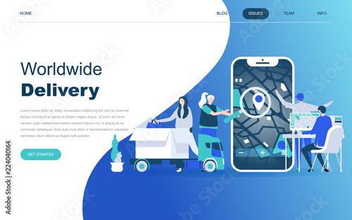 Modern flat design concept of Worldwide Delivery for website and mobile website development. Landing page template. Warehouse, truck, forklift, courier, drone and delivery man. Vector illustration.