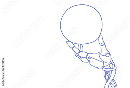 Robotic hand holding round empty board artificial