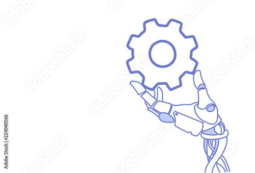 Robot hand holding cog wheel virtual assistance