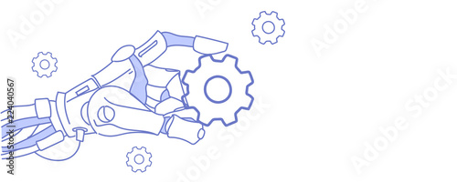 Robot hand holding cog wheel virtual assistance