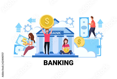 people holding money banking investment concept men women giving out exchange dollar coin banknote savings investing flat horizontal vector illustration