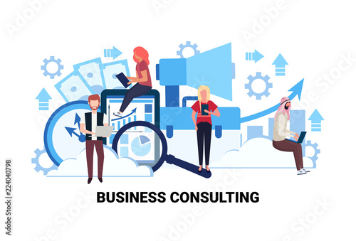 businesspeople using gadgets online business consulting concept men women financial analytics consultants finance graph diagram cartoon character flat horizontal vector illustration