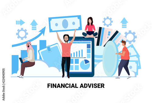 team leader holding money banknote online financial advisor concept men women business consulting financial analytics consultants finance graph diagram cartoon character flat horizontal vector