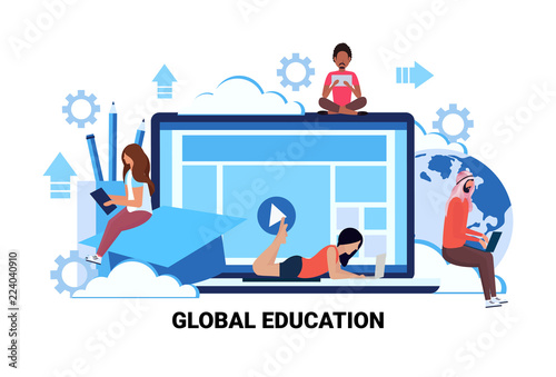 students using gadgets online global education e-learning concept people studying mobile computer internet application male female cartoon character horizontal vector illustration