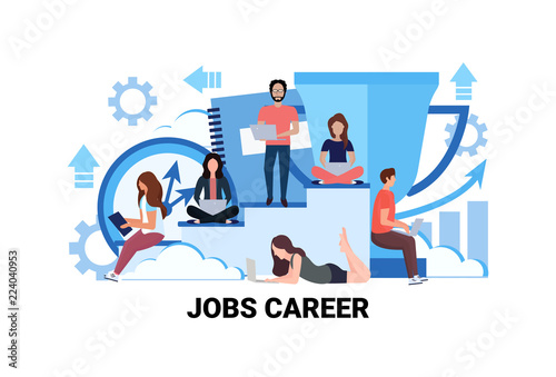 business people office coworkers teamwork jobs career concept successful working strategy man woman team leader cartoon character horizontal flat vector illustration