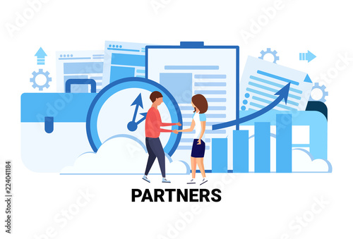 casual couple communication partners concept man woman business meeting partnership agreement full length cartoon character horizontal vector illustration