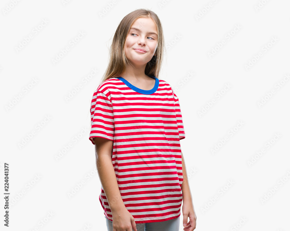 Young beautiful girl over isolated background smiling looking side and staring away thinking. Young beautiful girl over isolated background smiling looking side and staring away thinking.