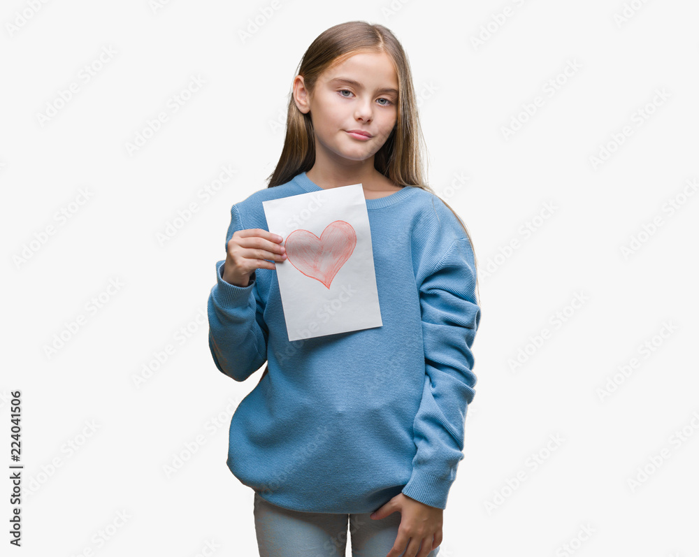 Young beautiful girl giving mother father day card with red heart over isolated background with a confident expression on smart face thinking serious Young beautiful girl giving mother father day card with red heart over isolated background with a confident expression on smart face thinking serious