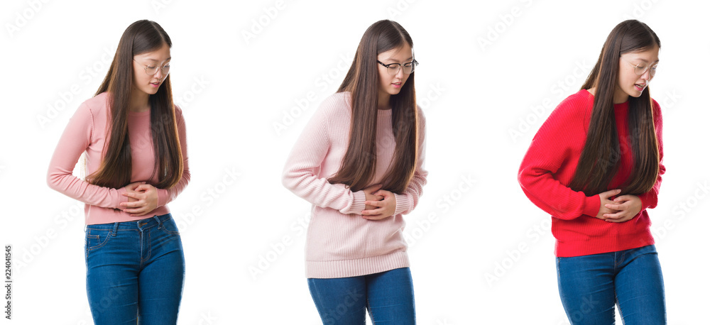 Obraz premium Collage of young beautiful Chinese woman over isolated background with hand on stomach because indigestion, painful illness feeling unwell. Ache concept.