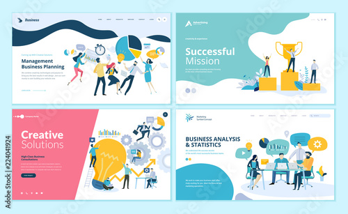 Set of web page design templates for teamwork, project management, business workflow, customer relationship management. Modern vector illustration concepts for website and mobile website development. 