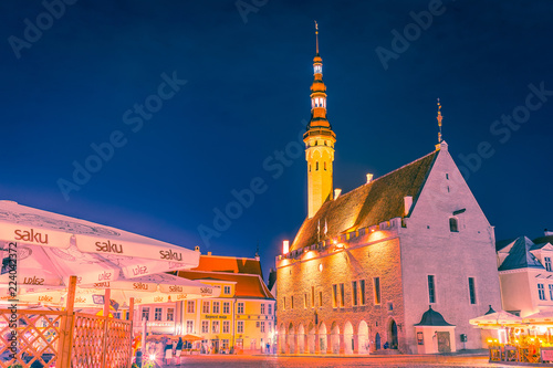 Tallinn City hall on Market square at night, Estonia