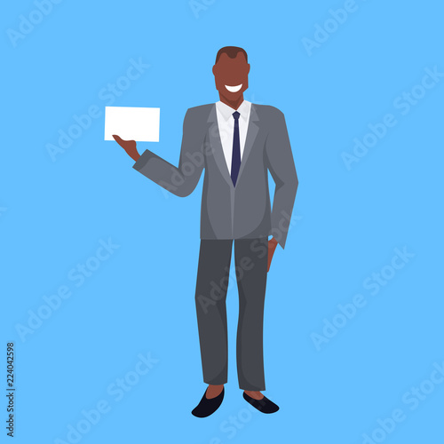 african american businewoman holding paper document form happy male cartoon character full length blue background flat vector illustration