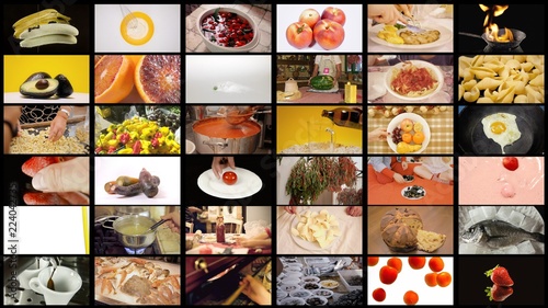 A maxi screen made of many small clips playing, the theme is food: fruit, vegetables, meat, fish, baking, cooking, preparing, eating, coffee, dinner's begin. 