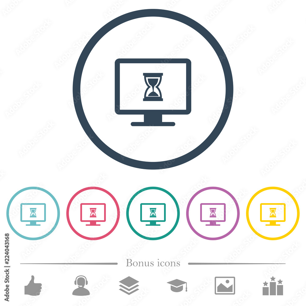 Busy computer flat color icons in round outlines