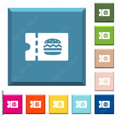 Fast food restaurant discount coupon white icons on edged square buttons