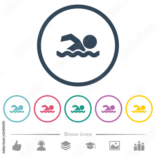 Swimming man flat color icons in round outlines
