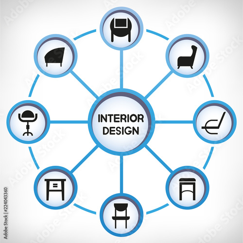 chair icons in circle diagram on white background for interior design concept