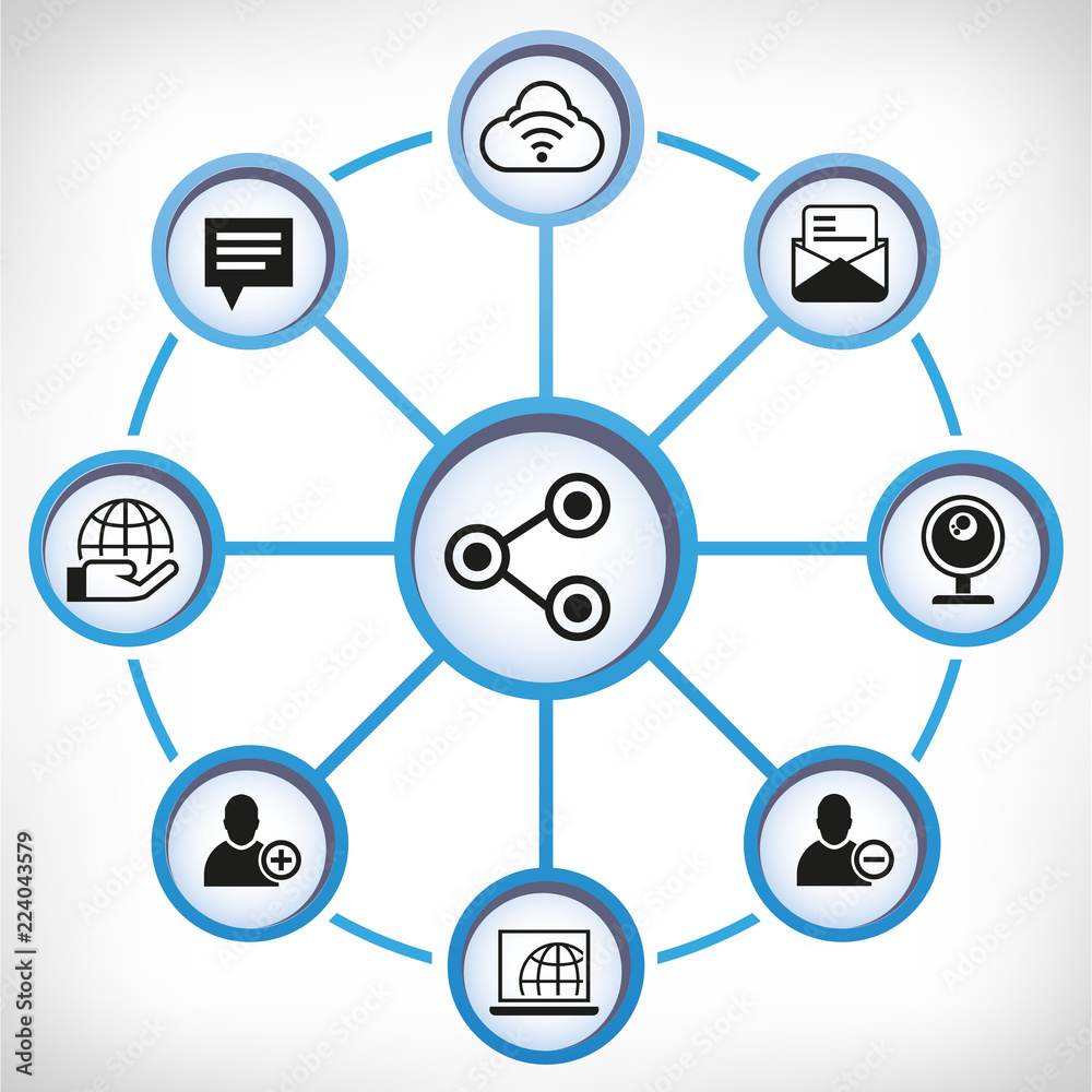 share and social network icons in circle diagram on white background share and social network icons in circle diagram on white background