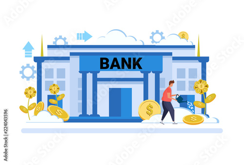businessman watering dollar plant growth wealth investment concept bank building exterior background male cartoon character full length flat vector illustration photo