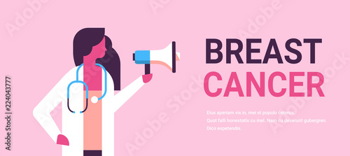 Breast cancer day female doctor holding loudspeaker