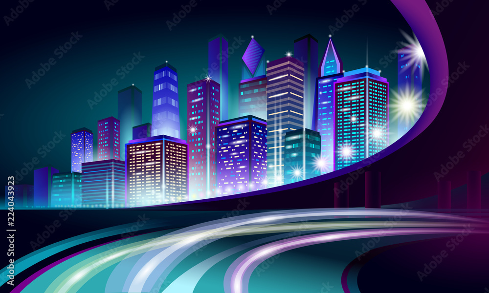 Smart city 3D neon glowing cityscape. Intelligent building automation night futuristic business concept. Web online vivid color cyberpunk retrowave. Urban technology banner vector illustration