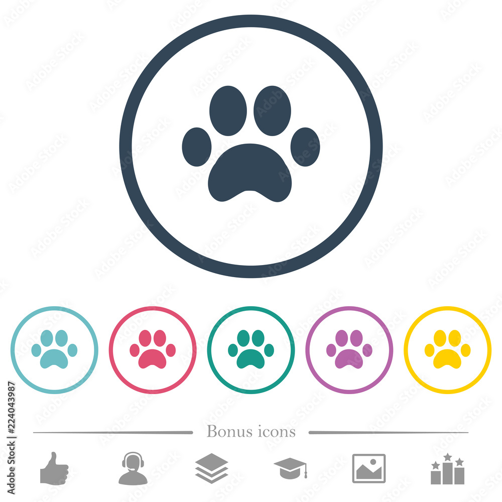 Paw prints flat color icons in round outlines Paw prints flat color icons in round outlines