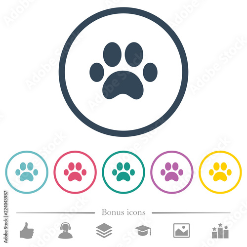 Paw prints flat color icons in round outlines