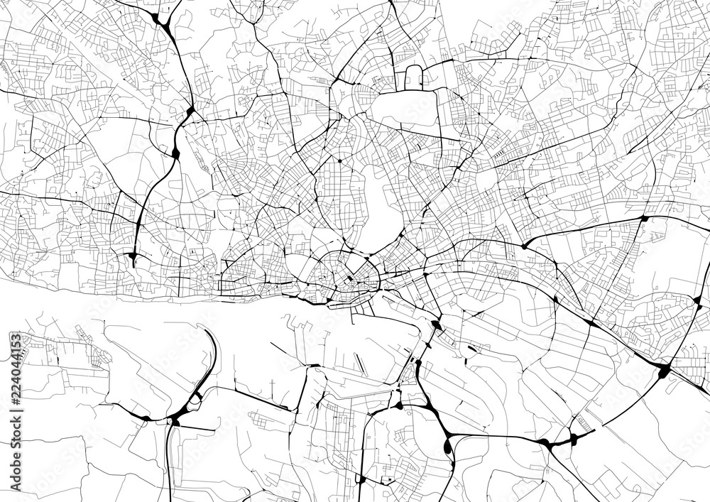 Monochrome city map with road network of Hamburg