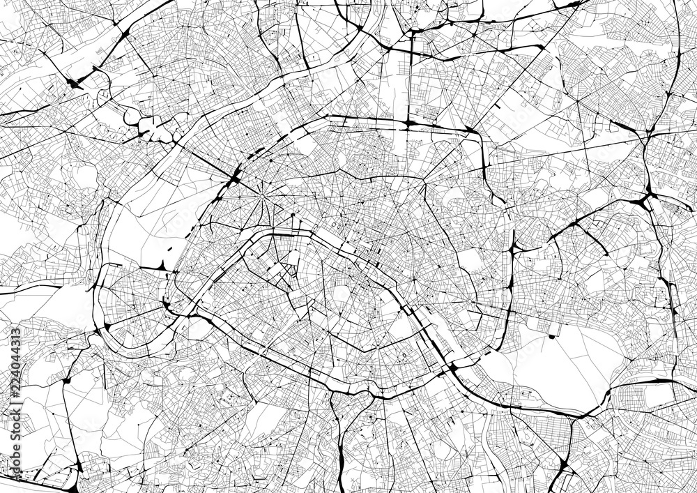 Fototapeta Monochromatyczna mapa miasta z siecią drogową Paryża