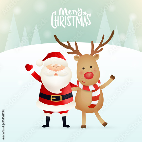 Merry Christmas greeting card design with cute Santa Claus and reindeer  cartoon character Stock Vector | Adobe Stock