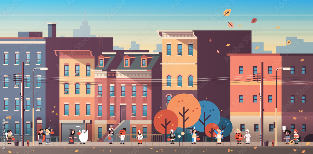 kids wearing monsters costumes walking town holiday concept cityscape background tricks or treat happy halloween cartoon character full length horizontal banner flat vector illustration