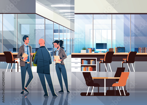 business people communicating concept modern coworking office interior creative workplace male female cartoon character full length horizontal flat vector illustration