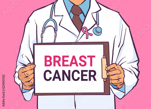 Breast cancer day male doctor holding clipboard