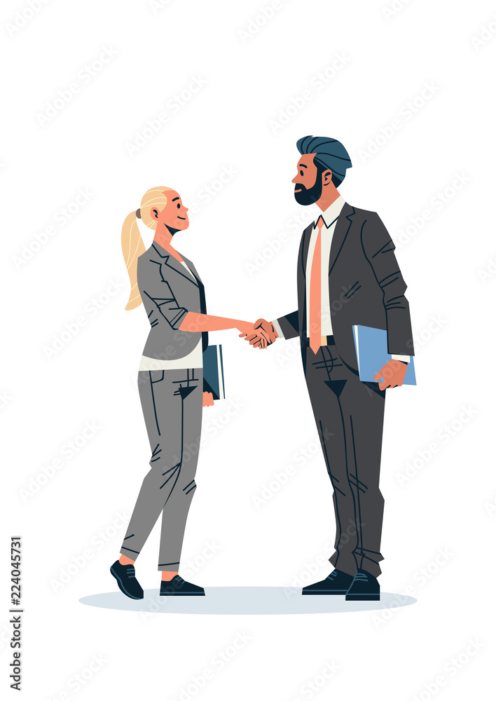 business couple handshake agreement concept businessman woman hand shake  partnership communication male female cartoon character isolated flat full  length vertical vector illustration Stock Vector | Adobe Stock