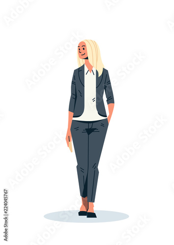 blonde businesswoman hand pocket business woman office worker female cartoon character flat full length isolated vertical vector illustration
