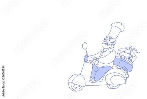 chef cook riding electric scooter cake fast delivery concept vintage motorcycle sketch doodle horizontal vector illustration