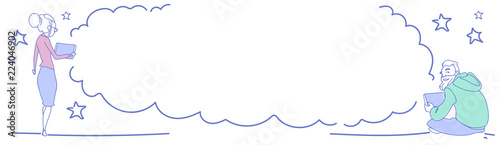 couple using smartphone online chatting cloud people internet communication concept man woman chat bubble dream male female character rear view sketch doodle horizontal banner vector illustration