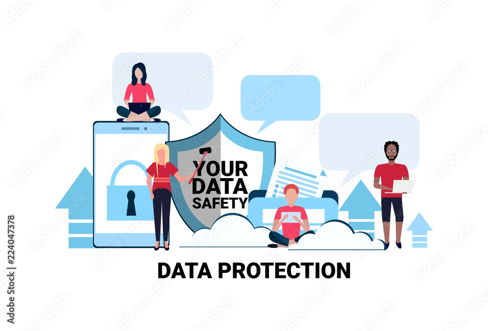 people group padlock mobile chat bubble app shield data protection privacy concept mix race team working process cyber security network safety personal information flat horizontal vector illustration