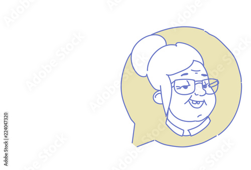 senior female head chat bubble profile icon elderly woman avatar support service call center concept sketch doodle character portrait horizontal vector illustration
