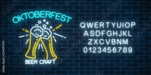 Glowing neon banner of oktoberfest festival with two beer glasses, beer foam and alphabet . Beer fest sign.