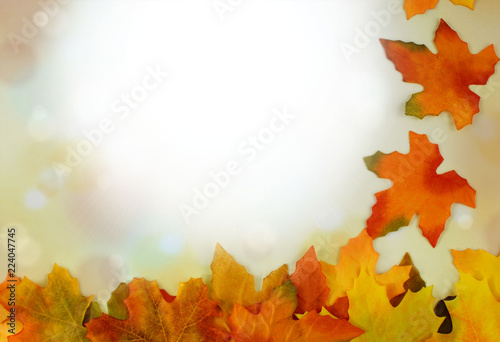 Autumn leaves form a bborder against a bokeh background with sunflare and seasonal colors. Copy space. Good for Halloween and Thanksgiving.